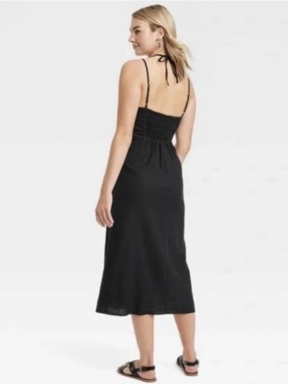 NWT Universal Thread linen blend Black Midi Slip Dress with Double Straps -Med - Picture 2 of 7